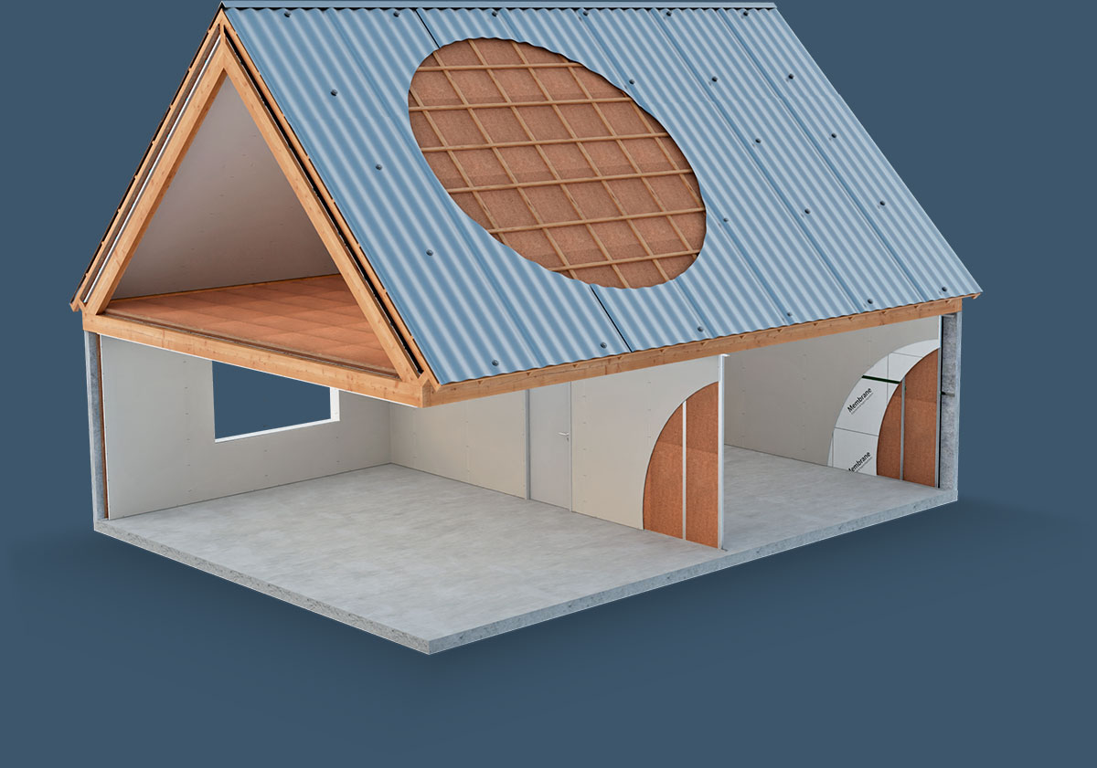 Schéma d'une maison illustrant les différentes zones pouvant être isolées avec les panneaux isolants biosourcés EMERFLEX.